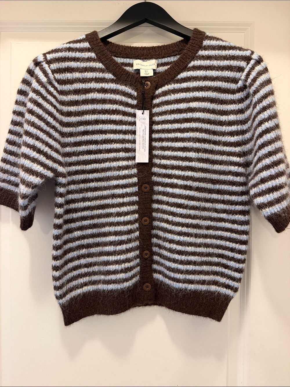 Sincerly Jules Brown & Light Blue Striped Short-Sleeve Button Cardigan